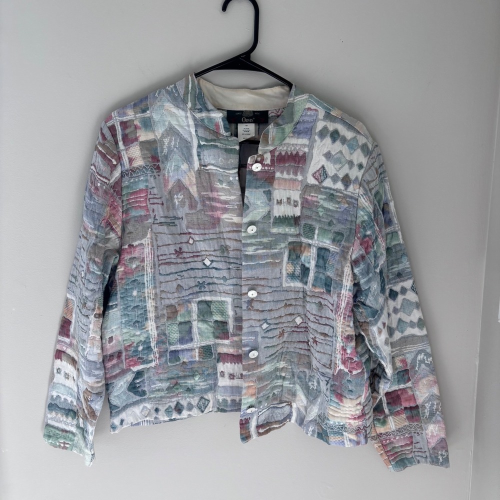 VTG Orvis Womens Medium Abstract Patchwork Woven Button Front Jacket Made in USA